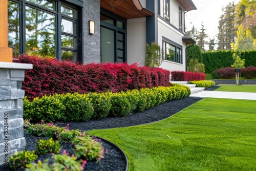 Front yard, landscape design with multicolored shrubs intersecting with bright green lawns behind the house is a modern