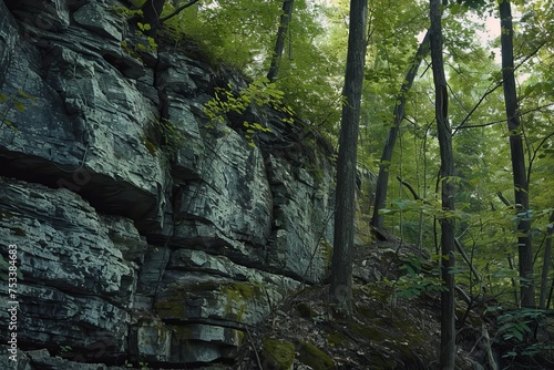 Rocky forest landscape with lush green foliage  capturing the rugged beauty of natural rock formations.  