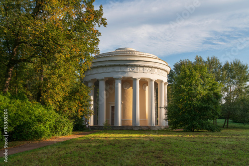 View of the Temple of Friendship on the bank of the Slavyanka River in the Pavlovsky Park on a sunny summer day  Pavlovsk  Saint Petersburg  Russia