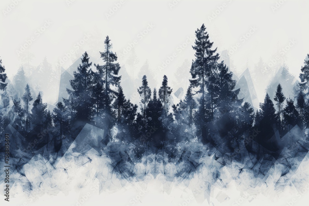 Eerie shadows dance in a fog-shrouded forest at dusk - obrazy, fototapety, plakaty 