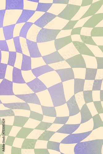 Purple and green gradient checkerboard groovy retro 70s style background. With twisted, distorted, and grain paper textures. Wallpaper, template, poster, backdrop. Y2k Abstract and aesthetic.