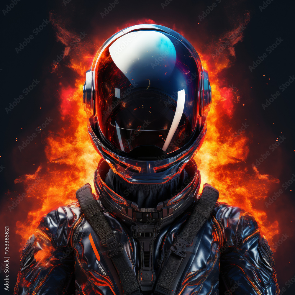 Futuristic Astronaut in Fiery Space Environment

