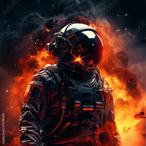 Futuristic Astronaut in Fiery Space Environment