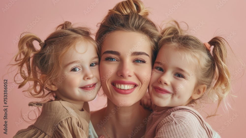 Happy mother with her two daughters in mother day Happy mother with her two daughters in mother day
