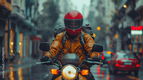 Deliveryman driving a moped in a rain © Elena