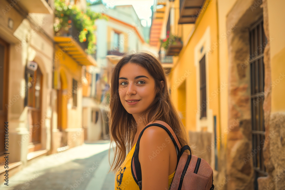 Traveler girl in street of old town in Spain. Young backpacker tourist in solo travel. Vacation, holiday, trip