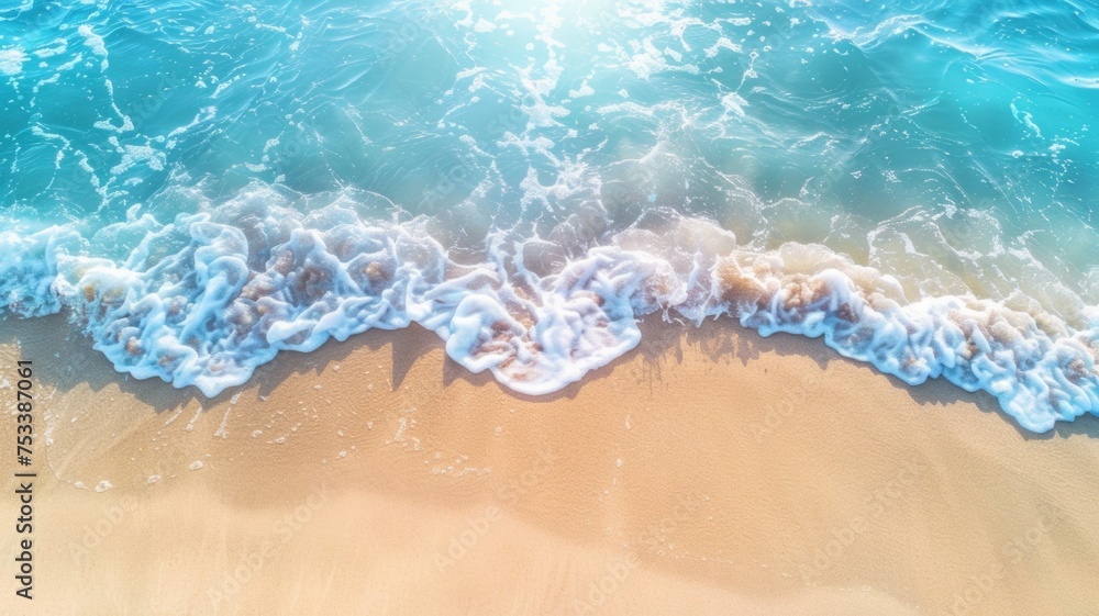 An abstract sandy beach seen from above, with clear blue water waves and sunlight, representing a summer vacation background concept for banners. An abstract sandy beach seen from above, with clear blue water waves and sunlight, representing a summer vacation background concept for banners.