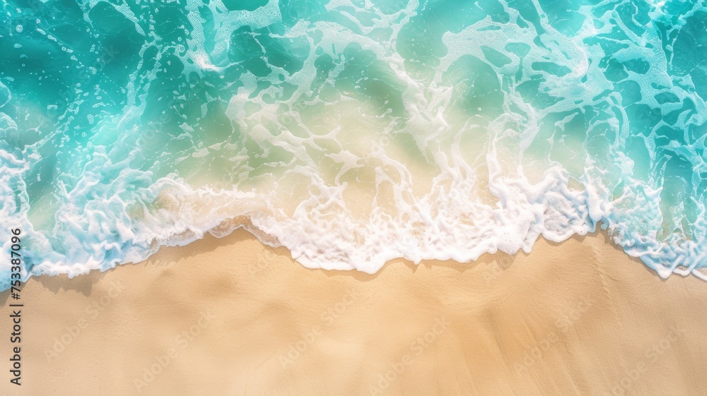 An abstract sandy beach seen from above, with clear blue water waves and sunlight, representing a summer vacation background concept for banners. An abstract sandy beach seen from above, with clear blue water waves and sunlight, representing a summer vacation background concept for banners.