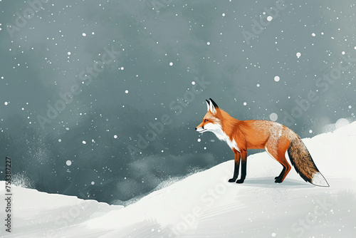 Snow landscape with fox in minimalism composition. photo