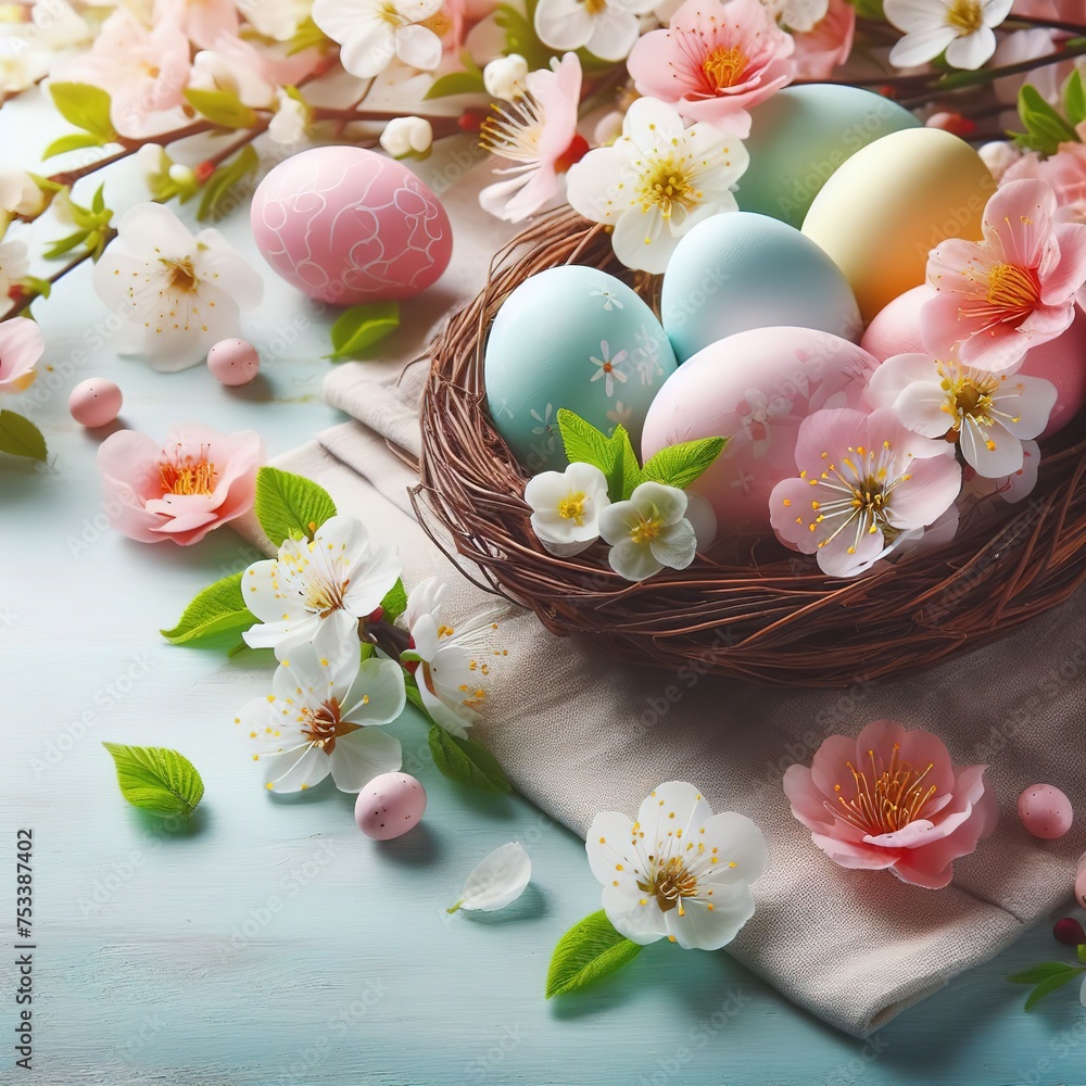 AI generated A festive Easter background with pastel colored eggs and flowers arranged in a basket ai generative AI generated A festive Easter background with pastel colored eggs and flowers arranged in a basket ai generative