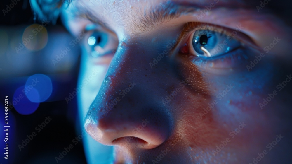 Closeup of a players face lit up by the bright screen of a Legends of the Joystick tournament. Their eyes are focused and their expression determined as they attempt to beat