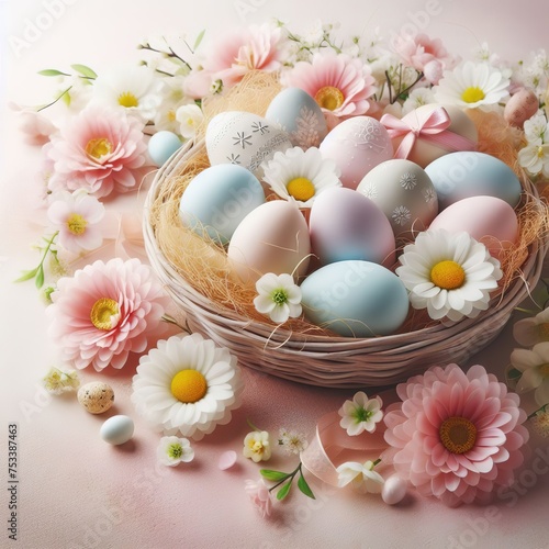AI generated A festive Easter background with pastel colored eggs and flowers arranged in a basket ai generative