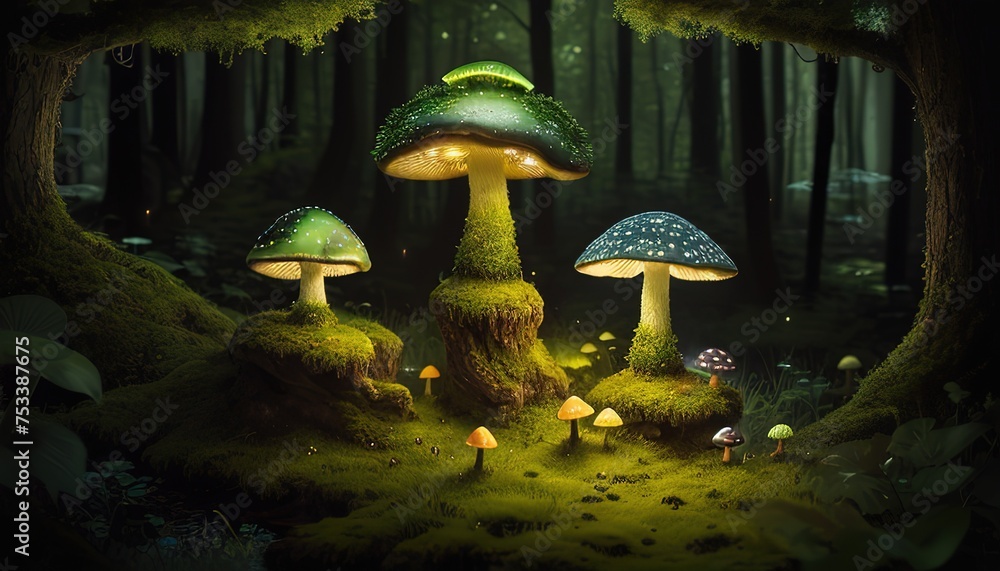 Fototapeta premium Mushroom lamps on moss with fireflies in dark forest. ai generative