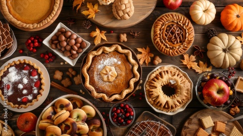 Autumn dessert table scene featuring various types of traditional autumn desserts: Pumpkin and apple pie, apple cider donuts, muffins, cookies, and tarts.