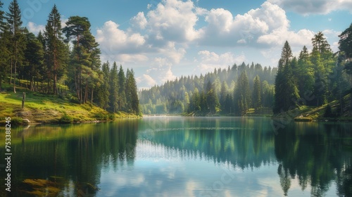 A picturesque scene featuring a pine forest and a tranquil lake reservoir.