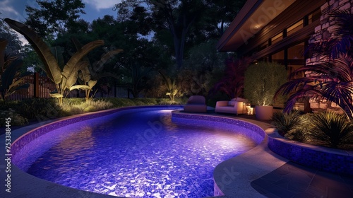 Twilight tranquility in a breathtaking pool scene  where strategically placed LED lights create a mesmerizing ambiance in this upscale oasis