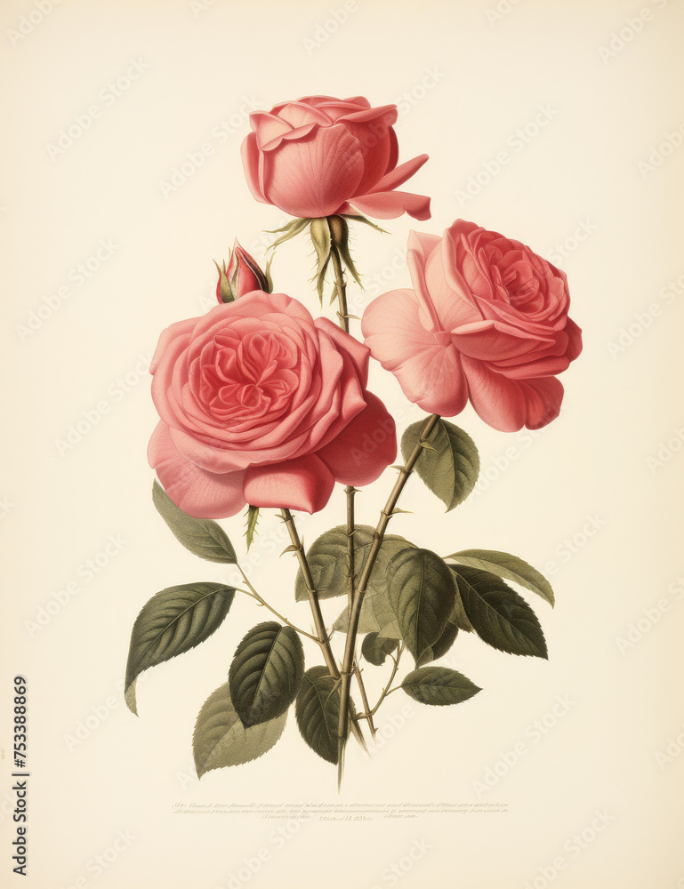 Vintage Illustration of Pink Roses with Stem and Leaves

