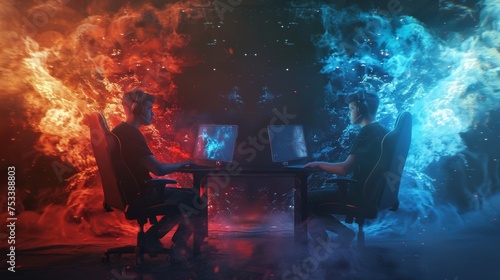 Two gamers sitting side by side their eyes glued to their respective screens as they strategize a teambased battle in a futuristic video game. Despite the intensity of the photo