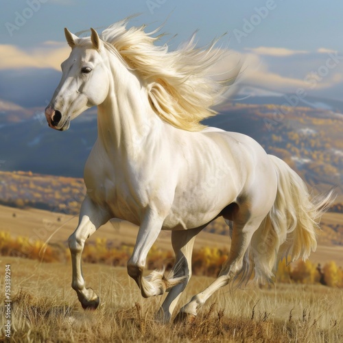 White horse running in a field