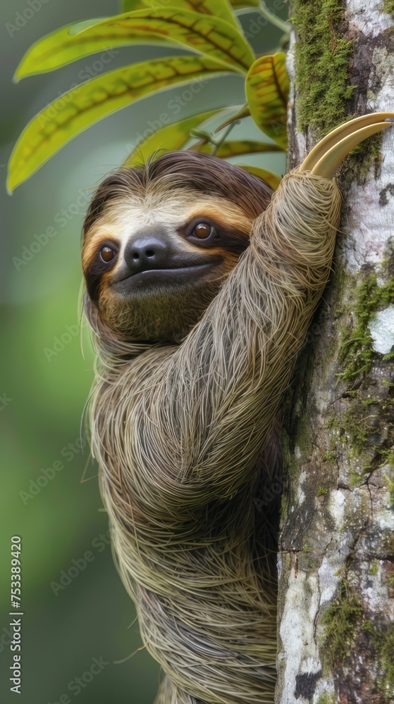 Fototapeta premium A sloth hanging on a tree branch.
