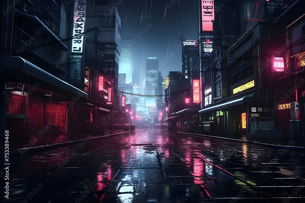 Futuristic cyberpunk city full of neon lights,  generated by AI. 3D illustration