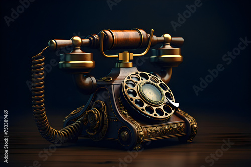 old bronze telephone with a rotary dial on a black background, generated by AI. 3D illustration photo