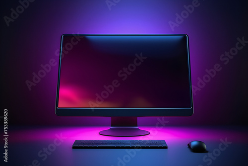 Monitor with blank screen in neon light, mockup for desktop or website. Modern computer with empty space for your advertisement. Graphic User Interface Template, generated by AI. 3D illustration photo