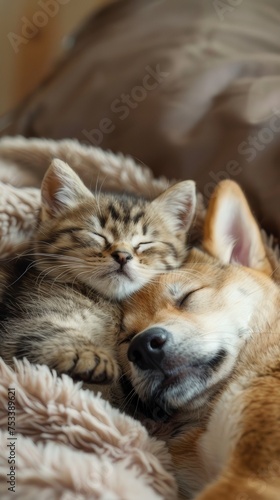 A cat and puppy peacefully sleeping together, showcasing love and friendship between pets.
