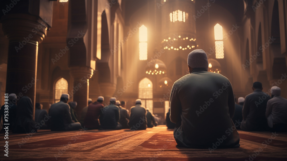 Muslim, praying and men with child in Mosque for spiritual religion together as family to worship Allah in Ramadan. Islamic, Arabic and holy people with peace or respect for gratitude, trust and hope
