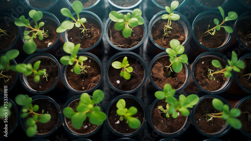 Potted seedlings growing in biodegradable peat moss pots on wooden background with copy space. vegetable seedlings into black soil. Growing organic plants in wooden raised beds as a hobby.