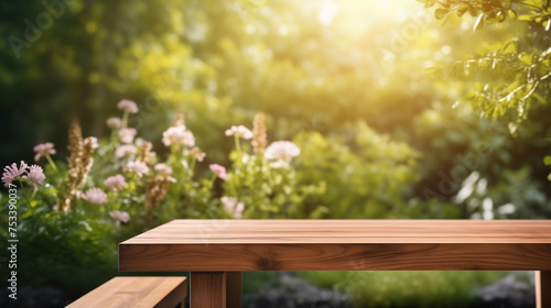 Empty wooden table with spring background. Wooden table terrace with Morning fresh atmosphere nature. Park with garden bokeh background with country outdoor, Template mock up for display of product