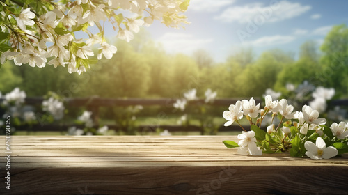Empty wooden table with spring background. Wooden table terrace with Morning fresh atmosphere nature. Park with garden bokeh background with country outdoor, Template mock up for display of product photo