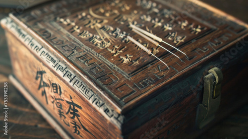 A detailed shot of a small intricate wooden box holding acupuncture needles with calligraphic Chinese characters adorning the lid representing the power and tradition of Chinese