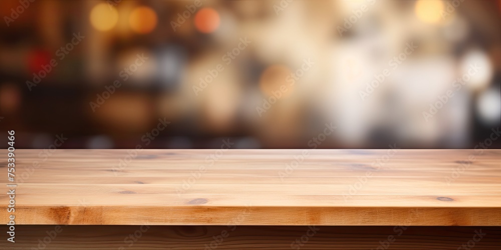 Blurred kitchen background with wooden table top Blurred kitchen background with wooden table top
