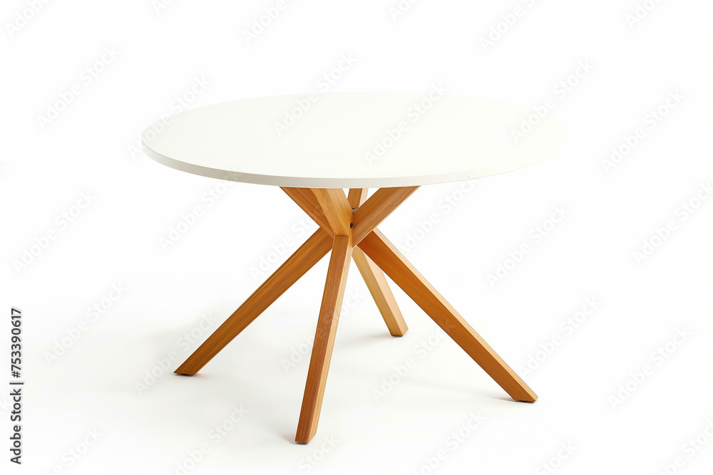 White round table on three wooden legs isolated on a white background White round table on three wooden legs isolated on a white background