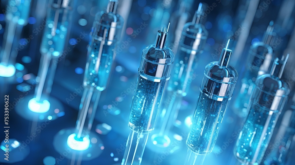 Nano medical technology and nanotechnology medicine are depicted through microscopic nano robots or nanobots emerging from a syringe, symbolizing futuristic healthcare advancements. Nano medical technology and nanotechnology medicine are depicted through microscopic nano robots or nanobots emerging from a syringe, symbolizing futuristic healthcare advancements.