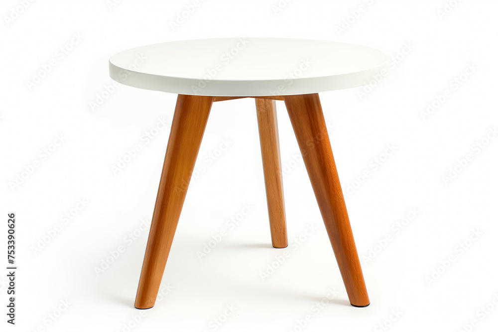 White round table on three wooden legs isolated on a white background White round table on three wooden legs isolated on a white background