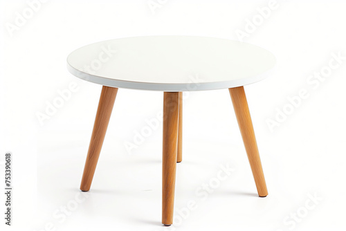 White round table on three wooden legs isolated on a white background