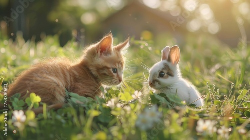 A cute kitten and rabbit on the background of green grass.