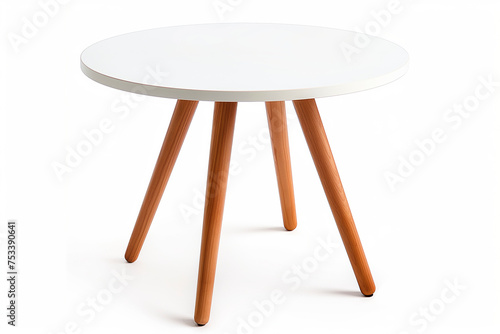 White round table on three wooden legs isolated on a white background