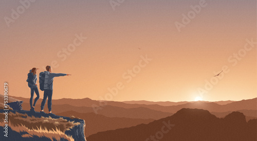 a couple observing and admiring the view on the peak of the cliff with the background of a vast landscape of hundreds of mountains.