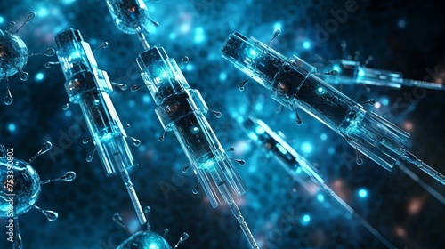 Nano medical technology and nanotechnology medicine are depicted through microscopic nano robots or nanobots emerging from a syringe, symbolizing futuristic healthcare advancements.