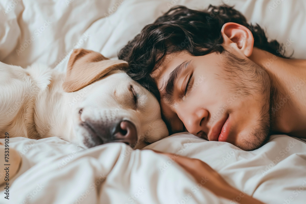 Young man and dog sleeping together in white bed at home. Concept of animal love Young man and dog sleeping together in white bed at home. Concept of animal love