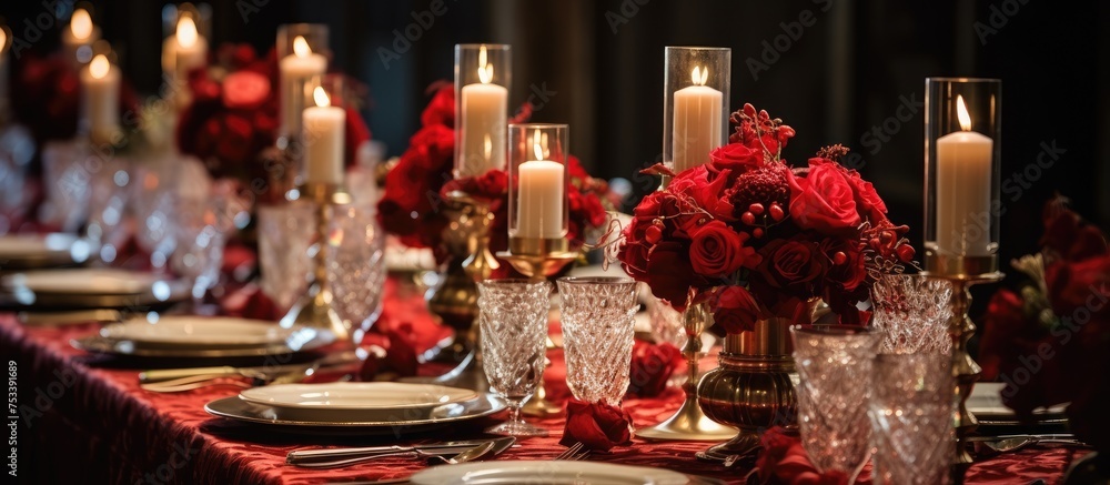 Elegant table arrangement with gold decorated glasses candles and red flowers