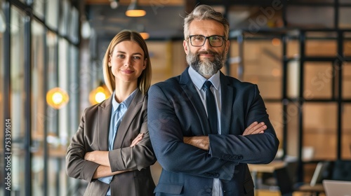 Business man and woman standing with arms crossed in the office Generative Ai