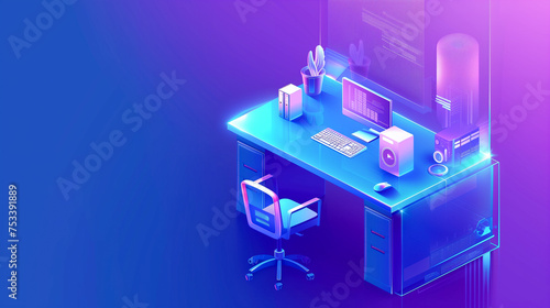Isometric interior desk office concept innovation futuristic technology background