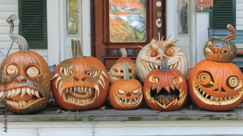 Obraz premium A of carved pumpkins sitting on a porch each one unique with its own design and character.