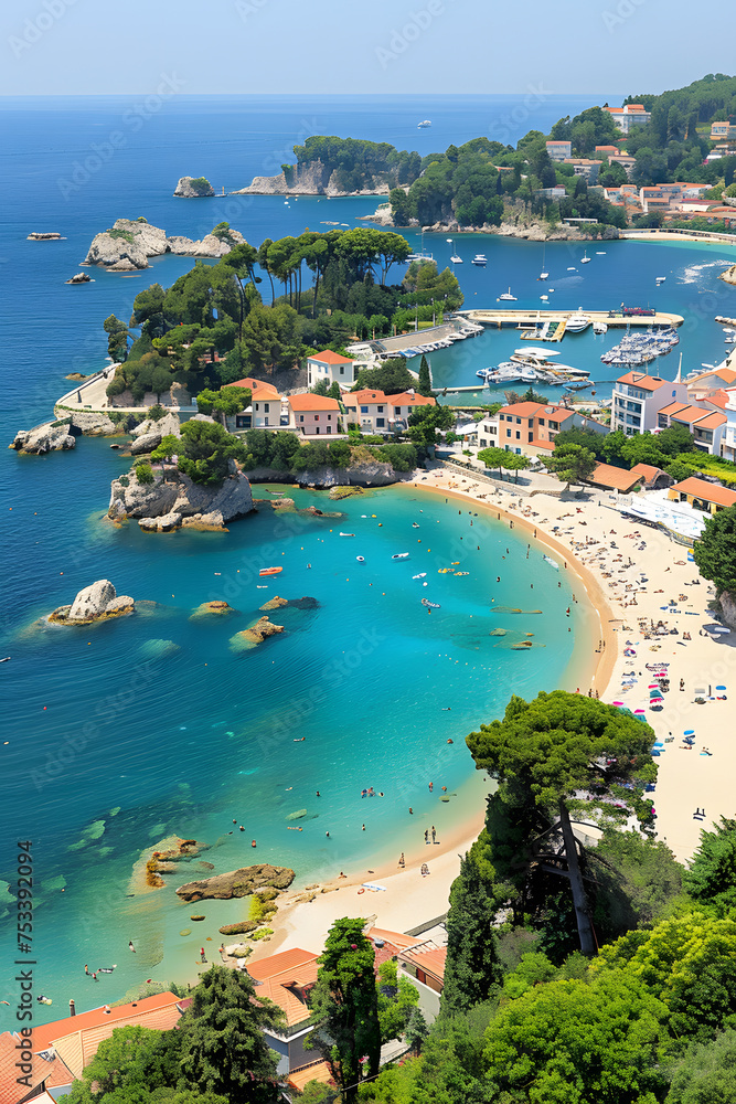 Aerial view of a beach surrounded by azure water, nature, and coastal landforms