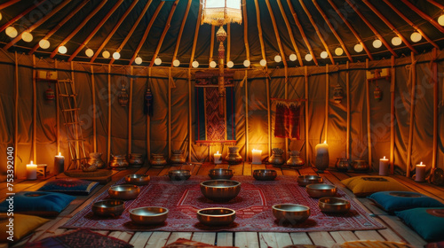 The interior of a dimly lit yurt is filled with the soothing sounds of chimes and Tibetan singing bowls creating a serene and meditative atmosphere for the shamanic ceremony. photo