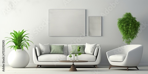 Minimalistic living room with modern white designer sofa, futuristic chair, green plant, abstract picture, and two vases on table; all on a grey carpet, surrounded by high ceiling.